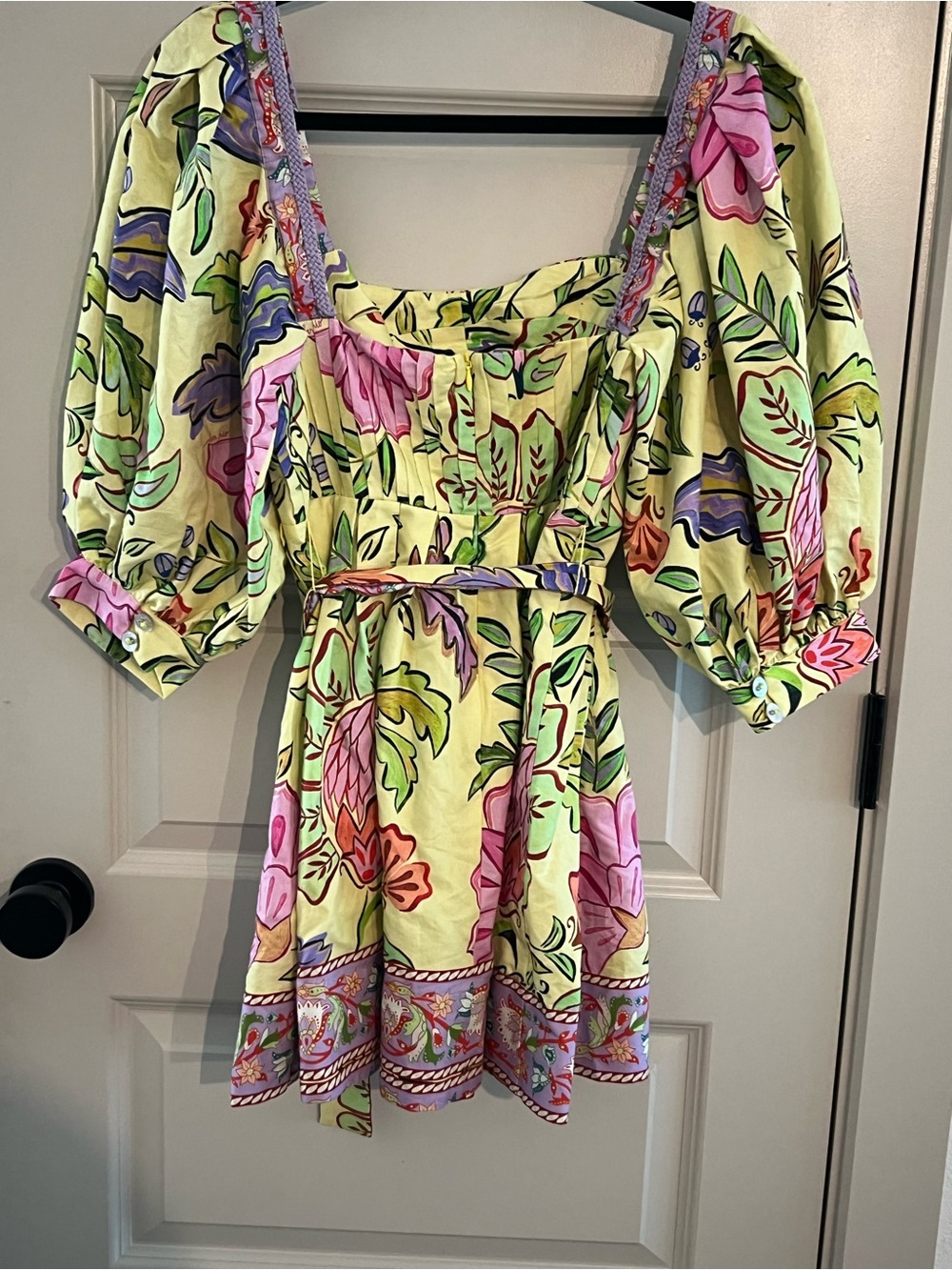 FARM Rio Yellow Floral Insects Puff Sleeve Belted Mini Dress Size S NWT - Picture 6 of 11
